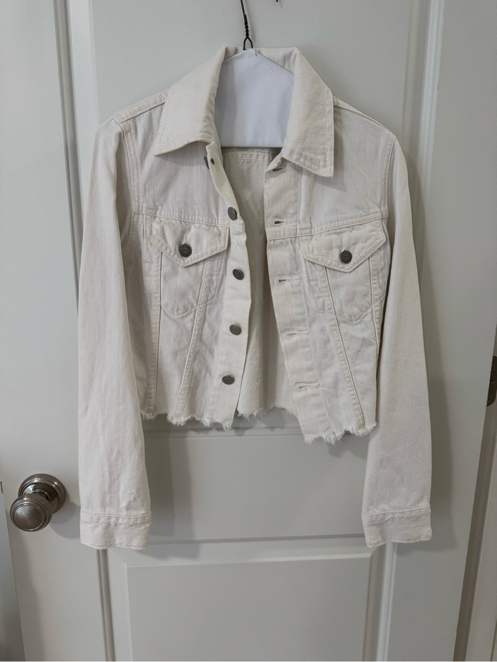 Able White Cropped Denim Jacket with Frayed Hem